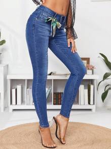 SHEIN Frenchy Bleach Wash Push-Up Skinny Jeans Without Knot Winter Casual - Medium Wash - View 1