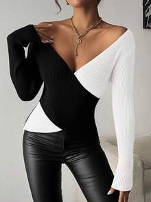 SHEIN Clasi Áo len chui đầu thanh lịch, vừa vặn, thời trang mùa đông dành cho nữ với tông màu đen trắng tương phản cổ điển, gợi cảm, thanh lịch, phù hợp cho công việc và tụ tập, áo len mùa thu, trang phục nữ thanh lịch, trang phục công sở, trang phục mùa đông - Đen và trắng - Xem 6