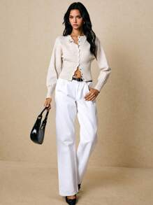 Poéselle 女士开衫，波浪边门襟，女士毛衣，杏色毛衣女士休闲优雅贝壳边饰纽扣前开衫，长袖短款开衫纽扣开衫女士开衫薄款开衫按扣开衫腰部开衫保暖秋季女士冬季女士冬季夹克女士秋冬返校外出基本款 - 米色 - 查看 7