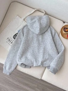 SHEIN Tween Girl Casual Comfortable Minimalist Gray Hooded Long Sleeve Knit Top, Suitable For Outings, School, Daily Gatherings, Autumn/Winter Fall - Grey - View 2