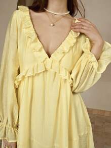 INAWLY Váy dài tay xếp nếp thời trang cổ chữ V màu trơn dành cho nữ - Màu vàng - Xem 3