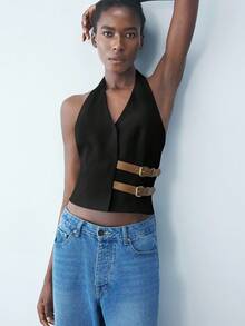 Maija 女士春季皮革装饰 V 领无袖上衣、节日、夏季、乡村音乐会、街头服饰女士、风格、时尚、俱乐部、教师