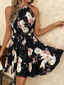 SHEIN Clasi Váy hè họa tiết hoa cạp chun nhún bèo - màu đen - Xem 4