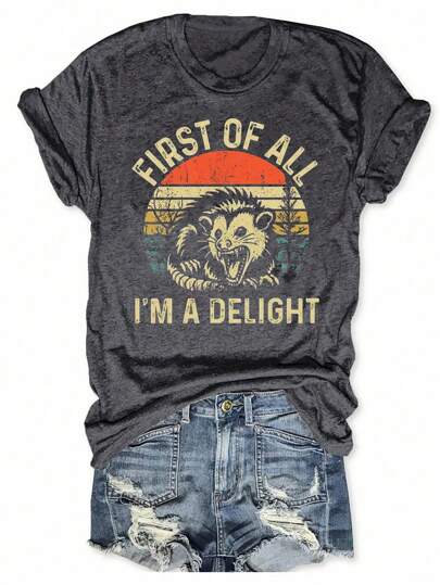 EMERY ROSE 1pc Women's Funny Angry Mouse Graphic Print Round Neck T-Shirt, Delighted Satire Graphic Tees Women Tops