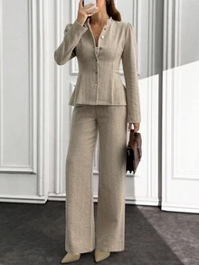 EURMUSE 2PCS, Herringbone Color, Slim Jacket & Straight Fit Pants - Beige - View 1