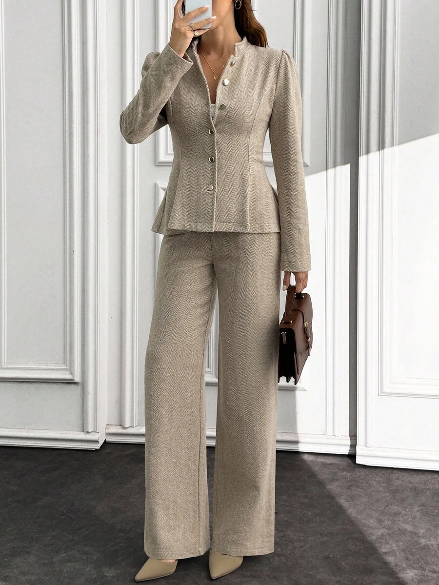 EURMUSE 2PCS, Herringbone Color, Slim Jacket & Straight Fit Pants - Beige - View 1