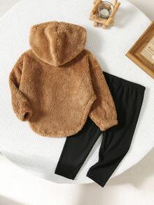 2 件女婴可爱羊毛保暖长袖字母印花连帽衫运动衫和针织打底裤套装，秋冬 - 彩色 - 查看 2