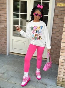 SHEIN Tween Girl Streetwear 可爱英文字母印花卫衣和紧身裤套装 - 白色 - 查看 6