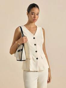 Airaco 2 件套女士无袖简约背心和裤子套装，适合日常休闲穿着 - 米色 - 查看 4