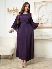 Reflora Đầm nữ dáng cong thanh lịch màu tím đậm size lớn, đầm dự tiệc cưới trang trọng mùa thu cổ tròn đính hạt trễ vai tay dài xếp ly eo xoắn - Màu tím - Xem 6