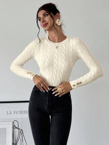 SHEIN PETITE CURVE Femmes grande taille, pull simple et élégant, style décontracté scolaire, polyvalent, col rond, tricot torsadé ajusté, manches longues, automne et hiver, élégant, manches longues, pull col rond. Petits pulls pour femmes, pulls pour femmes, pull-over pour femmes, pull en tricot torsadé, pull à boutons aux poignets - Nude - Voir 6
