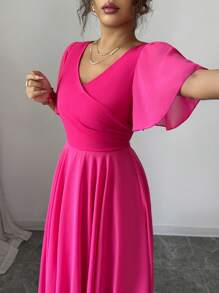 Selianne Ruffled Sleeve Waist Cinched V-Neck A-Line Minimalist Elegant Romantic Sophisticated Women Dress - Hot Pink - View 3