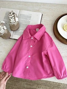 SHEIN Baby Girl Lovely Versatile Pink Collared Long Sleeve Shirt, Autumn/Winter - Hot Pink - View 5