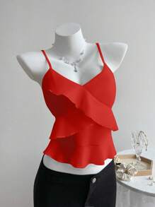 Elamini 女士纯色简约日常吊带背心新年衣服 - 紅色 - 查看 5
