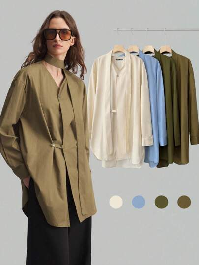 Ontre 2025 New Urban Casual Retro Japanese Style V-Neck Asymmetric Button Loop Loose Tie Accessory Women's Shirt, Minimalist Elegant For Spring/Summer