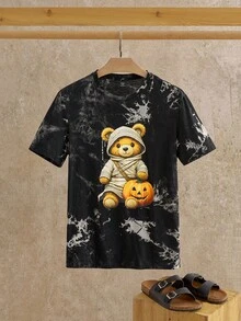 Manfinity NXTstreet 男士休闲针织 T 恤，扎染小熊图案印花，修身圆领短袖 T 恤万圣节泰迪熊衬衫万圣节图案 T 恤男士万圣节 T 恤泰迪熊图案 T 恤扎染万圣节衬衫 - 黑色 - 查看 6