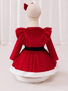 Glamorique Kids Baby Girls' Christmas Party Bow Headband & Velvet Dress, Suitable For Holiday Events,Christmas Dress Fall Winter - Red - View 2