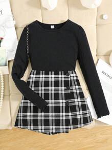 SHEIN Teen Girl Lettuce Trim Tee & Plaid Print Asymmetrical Hem Skort - Black - View 1