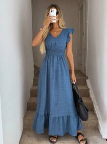 Easowa Shirred Cap Sleeve Drawstring Waist Ruffle Hem Flowy Dress, Casual Resort Wear For Women Boho - Blue - View 4