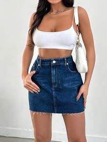 SHEIN Cottnline Váy mini denim cạp cao giặt thường ngày, mùa hè - Rửa tối - Xem 5