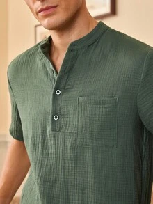 EverLounge 男士休闲棉质家居服上衣，适合户外穿着 - 綠色 - 查看 5