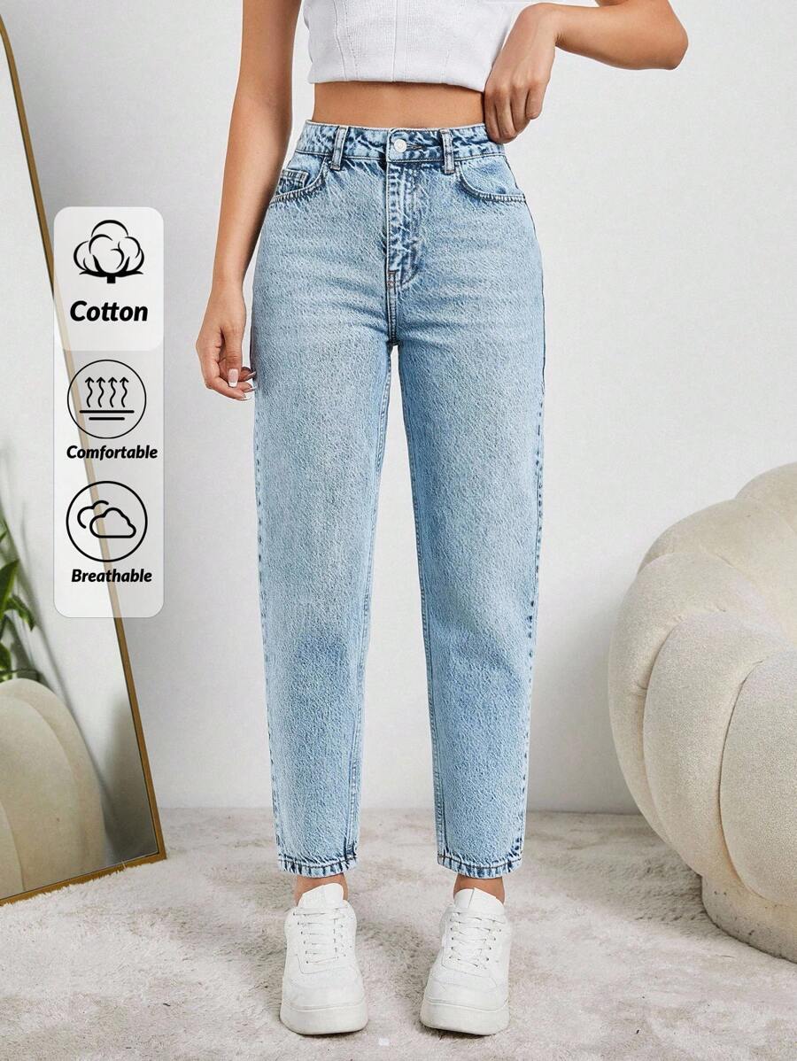 EURMUSE HIGH RISE MOM FIT LIGHT BLUE JEAN PETITE - Medium Wash - View 1