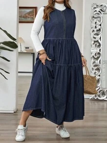 SHEIN CURVE+ 大码女式休闲宽松无袖牛仔连衣裙 - 藍色 - 查看 8