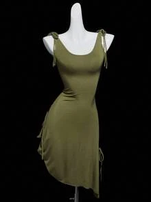 SHEIN ICON Backless Tie-Up Versatile Hem Mini Dress, Fitted - Dark Green - View 6