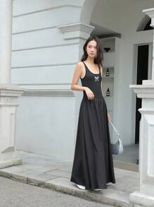 K-Vae Women's Summer Casual Black Bow Embroidered Dress, Elegant And Cute Sleeveless Long Dress, Daily Holiday Dress - Black - View 4