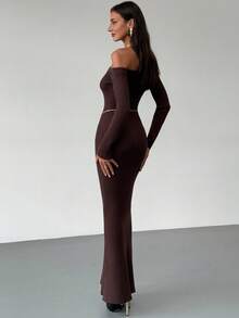 Aloruh 全新秋冬露肩修身针织长裙，优雅修身鱼尾毛衣裙 - 棕色 - 查看 6