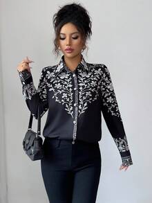 Elenzga 女士优雅秋季度假印花梭织衬衫