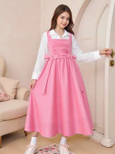 SHEIN 少女休闲可爱优雅衬衫裙套装，胸前有褶皱设计，腰部有蝴蝶结，有领衬衫，适合购物、郊游、散步和上学