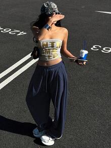 DAZY 女士纯色宽松褶皱运动裤，休闲运动裤，保暖内衬，厚款，适合秋冬季女士慢跑裤 - 藏蓝色 - 查看 4