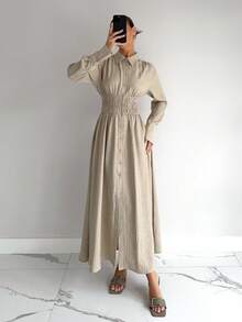 Siren Gaze Váy sơ mi tay dài, đơn hàng khuy, thắt eo, màu trơn dành cho nữ, thiết kế mới cho mùa thu/đông - Màu be - Xem 3