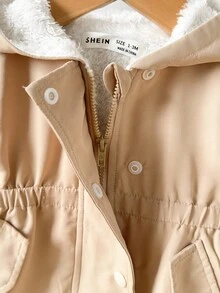 SHEIN Newborn Baby Girl/Boy Casual Versatile Hooded Padded Mid-Length Jacket With Faux Pockets, Autumn/Winter Fall Neutral - Apricot - View 4
