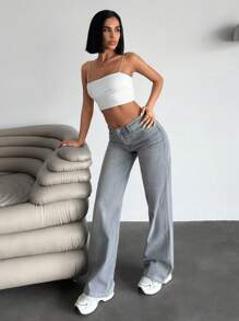 CasuGlow 休闲洗水亮片星星设计直筒牛仔裤 - 灰色 - 查看 5