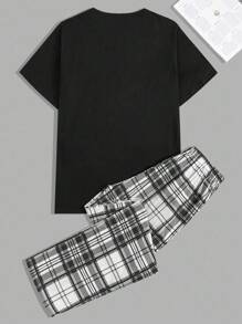 SHEIN Cottnline Cotton Men's Comfortable Casual Small Logo Print T-Shirt And Plaid Pants Pajama Set - Black - View 2