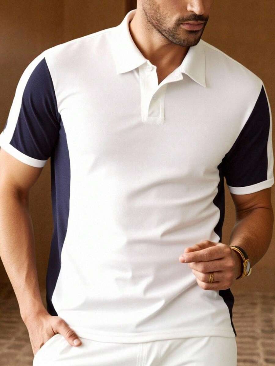Manfinity VCAY Men's Casual Knit Patchwork Raglan Short Sleeve Polo Shirt, Suitable For Daily Wear - Blue and White - View 1