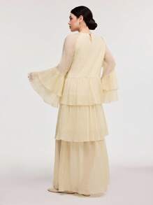 Veilorie Women's Solid Color Elegant Semi-Sheer Long Sleeve Dress - Apricot - View 4