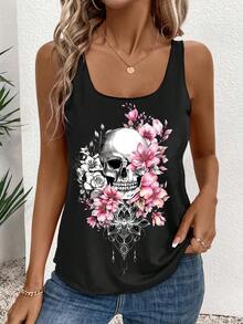 SHEIN EZwear Women's Casual Skull & Lotus Floral Pattern Tank Top, Suitable For Summer