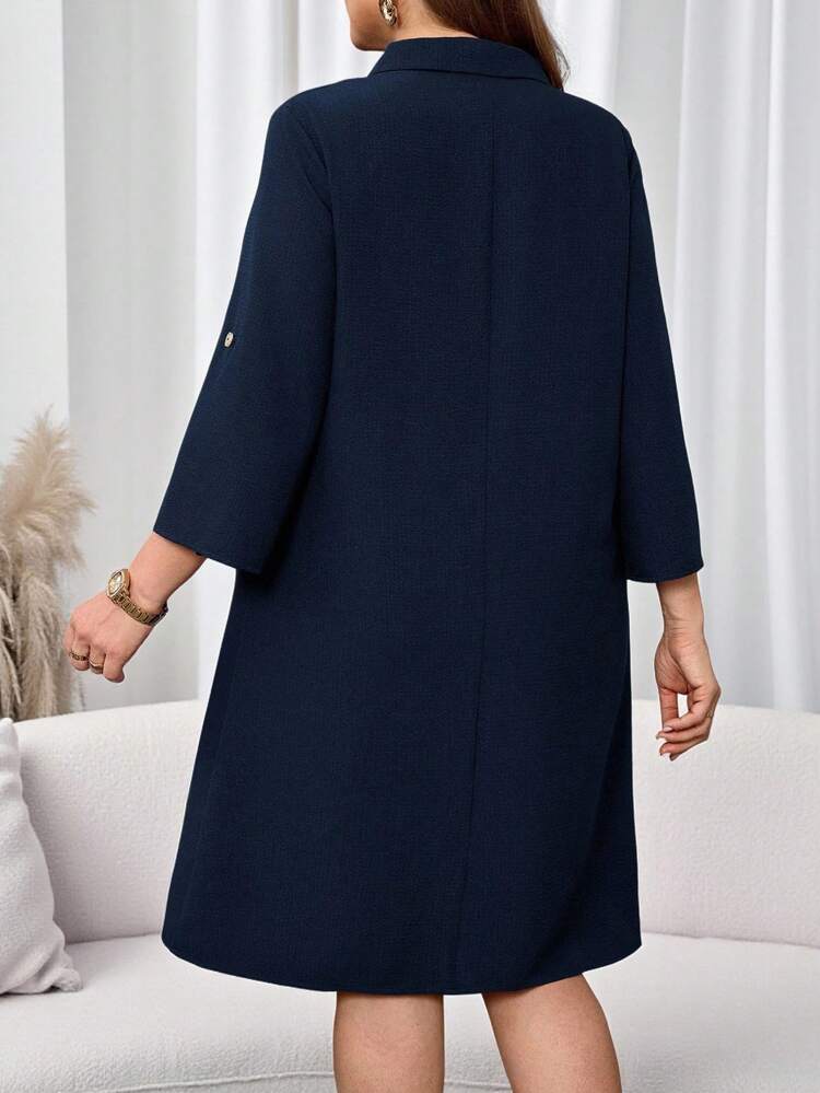 Plus Size Women's Solid Turn-Down Collar Casual Loose 3/4 Sleeve Dress Plus Size Navy Blue Dress,Autumn,Fall Women's Clothes,Fall Clothes For Women,Spring/Summer/Vacation