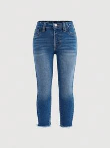 SHEIN 年轻女孩休闲磨边口袋水洗牛仔裤