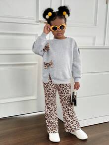 SHEIN 2-częściowy komplet dla młodej dziewczyny, sweter z dzianiny w jednolitym kolorze, okrągły dekolt, nadruk w panterkę 3D, kokarda i spodnie z dzianiny