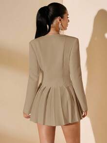 SHEIN BAE Váy xếp ly thanh lịch dành cho nữ, cổ chữ V sâu, cổ ve, cài nút phía trước, tay dài, màu trắng trơn, mùa hè - Màu Khaki - Xem 2