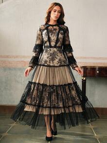 Anewsta 秋冬女士圆领蕾丝荷叶边拼接束腰喇叭下摆连衣裙 - 黑色 - 查看 1