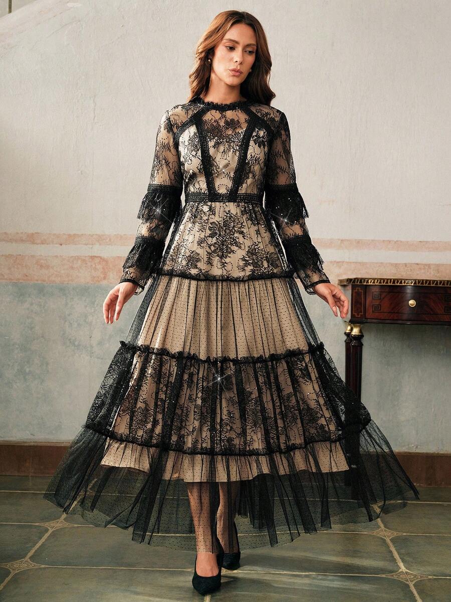 Anewsta 秋冬女士圆领蕾丝荷叶边拼接束腰喇叭下摆连衣裙 - 黑色 - 查看 1