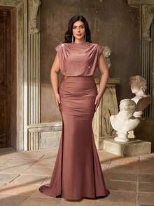 Aureia Váy dạ hội trang trọng thanh lịch lãng mạn cổ cao đính sequin sang trọng trang trí đá Rhinestone xẻ cao ôm sát cơ thể xếp nếp viền đuôi cá có đuôi váy - màu nâu - Xem 8