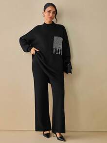 EURMUSE Black Knit Tunic With Rhinestone-Studded Pocket And Fringe Detailing Long Sleeve Two Piece Set Lounge Wear Knit Two Piece Set Two Piece Lounge Set Womens Knit Set,Co Ord,Winter Clothes - Black - View 5