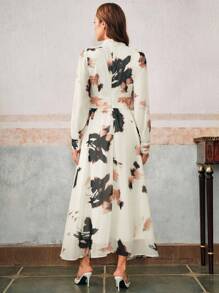 Anewsta 女式优雅系带领印花长袖收腰喇叭下摆雪纺连衣裙，秋季 - 杏色 - 查看 2