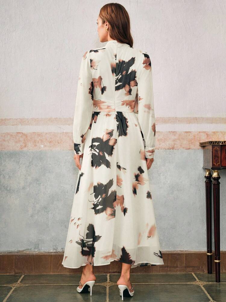 Elegant Tie Collar Printed Long Sleeve Cinched Waist Flared Hem Chiffon Dress For Women, Autumn